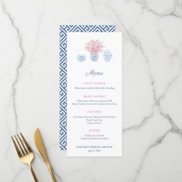 Elegantes Chinoiserie Navy & Pink Brautparty Menu Menükarte