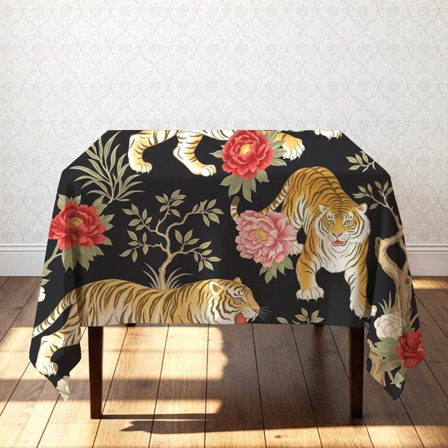 Elegantes Chinoiserie-Tiger- und Pfingstrosenmuste Tischdecke (Von Creator hochgeladen)