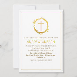 Elegantes Christliches Blue-Gold-Cross | Taufe Einladung
