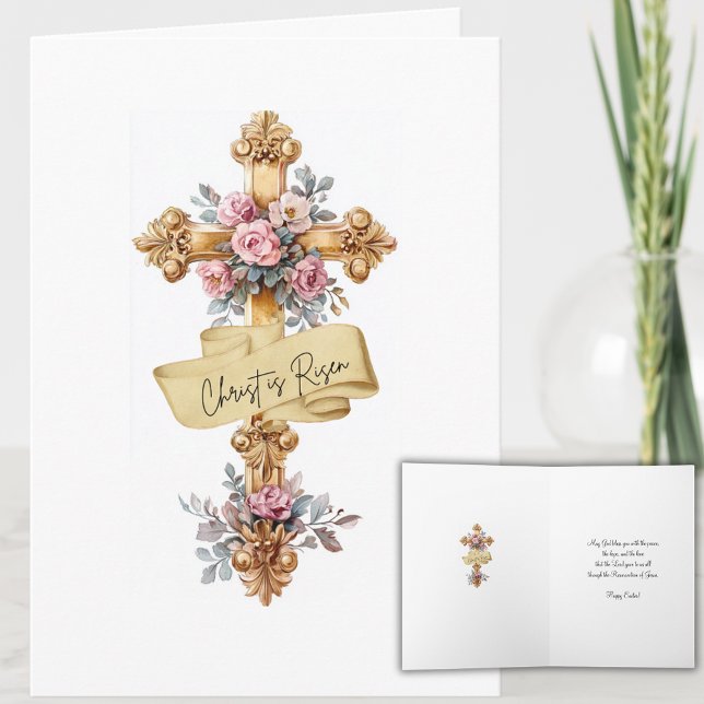 Elegantes "Christus ist Risen" Blumenkreuz Feiertagskarte (Von Creator hochgeladen)