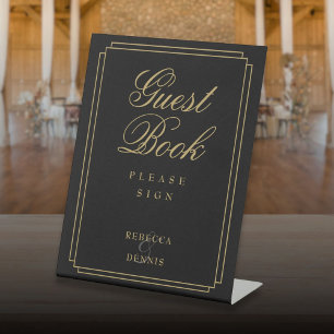 Elegantes Classic Art Deco Schwarz und Gold Gästeb Sockelschild