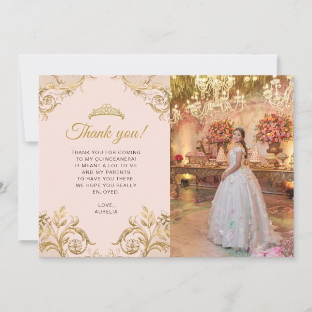 Elegantes Classic Blush Pink Gold Foto Quinceñera Dankeskarte (Vorderseite)