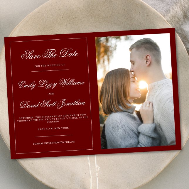 Elegantes Classic Crimson Red Foto Save the Date Einladung (Von Creator hochgeladen)