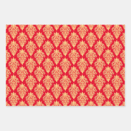 Elegantes Classic Damask Muster Red Green Gold Geschenkpapier Set
