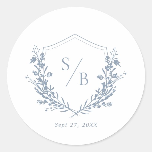 Elegantes Classic Dusty Blue Monogram Wappen Weddi Runder Aufkleber (Vorderseite)