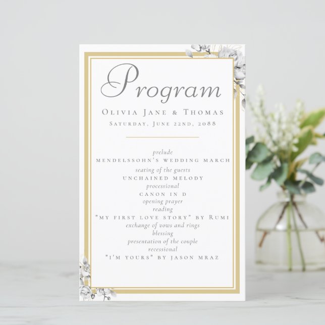 Elegantes Classic Gold Frame Floral Wedding Progra (Stehend Vorderseite)