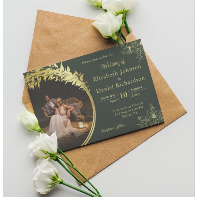 Elegantes Classic Gold, grünes Foto Hochzeit Einladung (Von Creator hochgeladen)