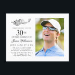Elegantes Classic Golf 30. Geburtstag Party Foto Einladungspostkarte<br><div class="desc">Eleganter Schwarz-Weiß Geburtstag Einladung für einen Golfer. Die Spitze der Einladung ist mit Golf-Accessoires dekoriert - ein Golfclub, Golf-Ball, Hut und Handschuhe. Das Aquarelldesign schafft eine traditionelle und klassische Ästhetik. Ideal für einen Geburtstagsbash im Club oder eine GRILLEN im Hinterhof. Der gesamte Text ist leicht zu bearbeiten. Erstellen Sie die...</div>