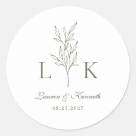 Elegantes Classic Leaf Monogram Wedding Olive Gree Runder Aufkleber