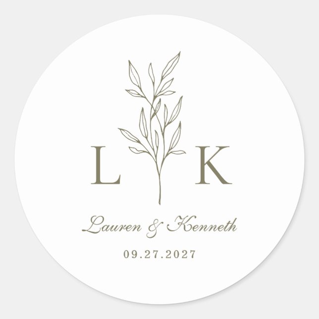 Elegantes Classic Leaf Monogram Wedding Olive Gree Runder Aufkleber (Vorderseite)