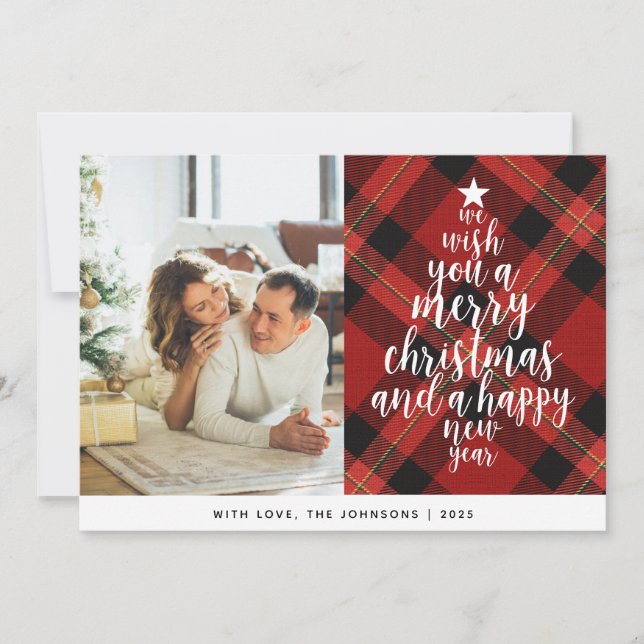 Elegantes Classic Red Tartan Foto Weihnachten (Vorderseite)