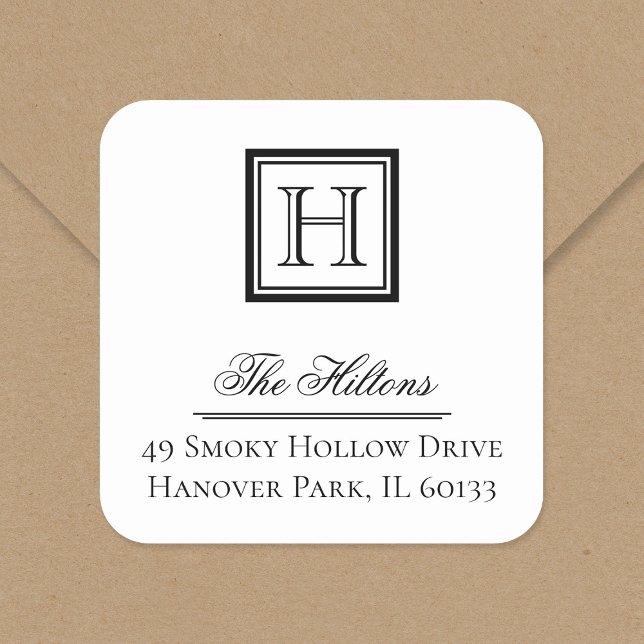 Elegantes Classic Square Monogram Address Label Quadratischer Aufkleber (Von Creator hochgeladen)