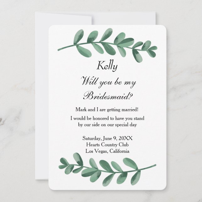 Elegantes Classic Watercolor Green Blätter Bridesm Einladung (Vorderseite)