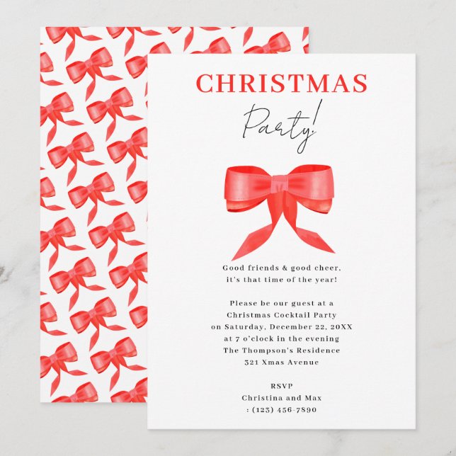 Elegantes Classy Black Red Bow Weihnachtsfest Part Einladung (Vorne/Hinten)