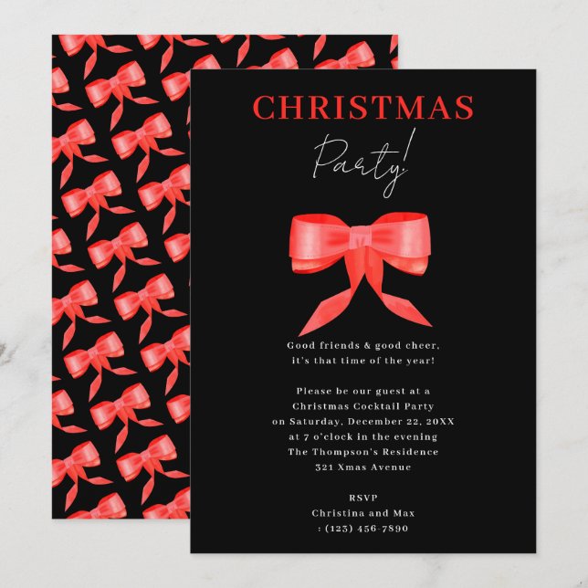 Elegantes Classy Black Red Bow Weihnachtsfest Part Einladung (Vorne/Hinten)