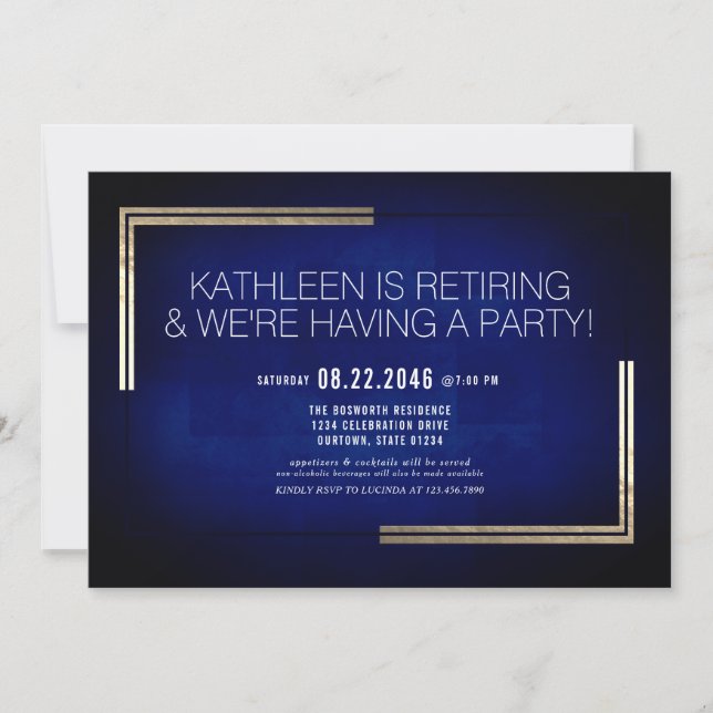 Elegantes Classy Blue/Gold Retirement Party Einladung (Vorderseite)