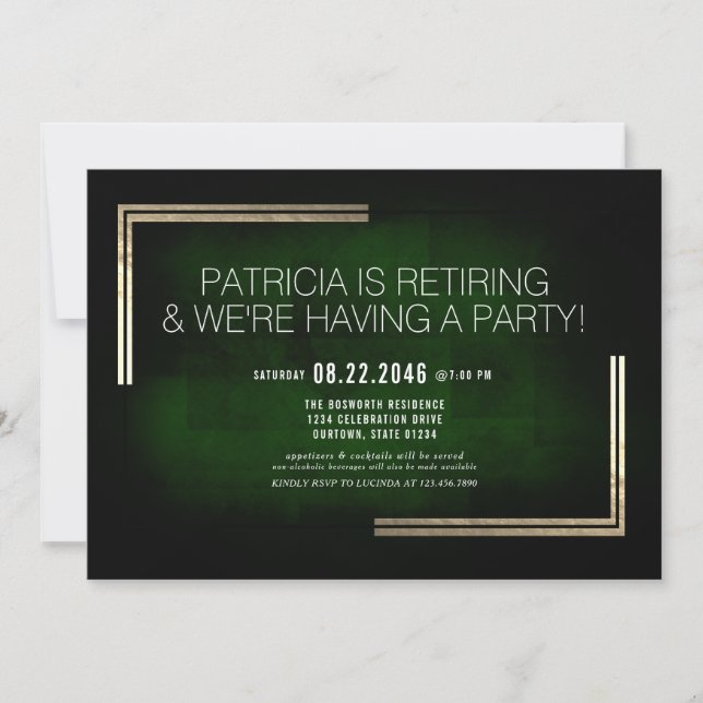 Elegantes Classy Rich Green/Gold Retirement Party Einladung (Vorderseite)