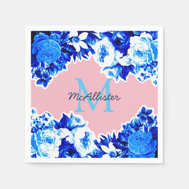 Elegantes Cobalt Blue Blumen & Blush | PERSONALISI Serviette (Vorderseite)