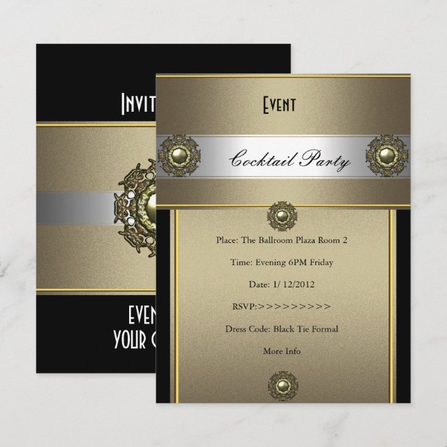 Elegantes Cocktail Party Black Silver Bronze Einladung (Vorne/Hinten)