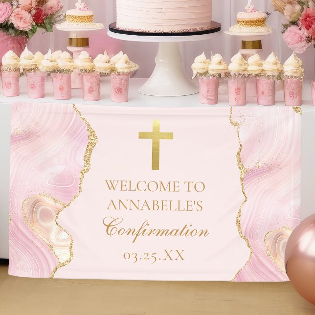 Elegantes Confirmation Cross Pink Gold Agate Party Banner (Von Creator hochgeladen)
