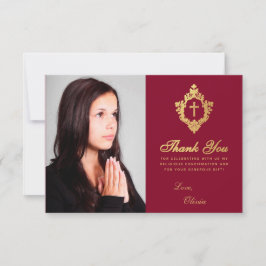 Elegantes Confirmation Girl Burgundy Imitats Gold Dankeskarte