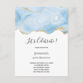 Elegantes Cooles Blue Agate mit Gold Glitzer Ribbo Einladungspostkarte