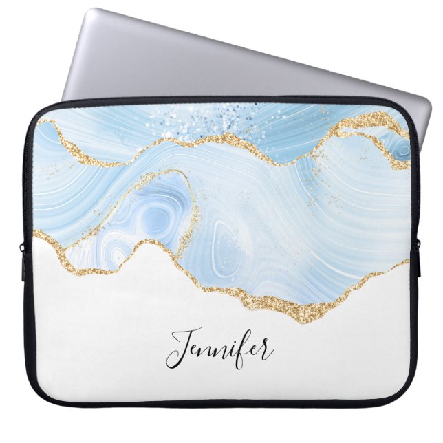 Elegantes Cooles Blue Agate mit Gold Glitzer Ribbo Laptopschutzhülle (Vorderseite)