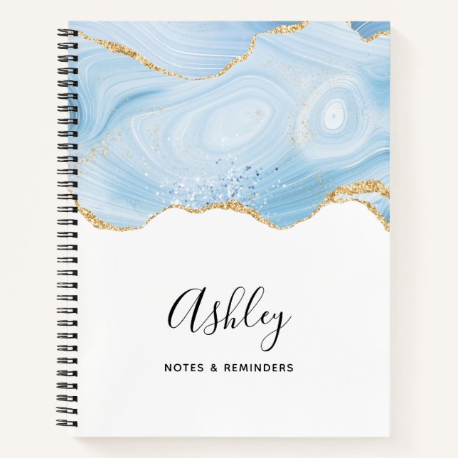 Elegantes Cooles Blue Agate und Gold Glitzer Ribbo Notizbuch (Vorderseite)