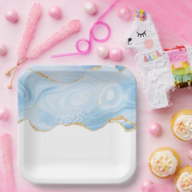 Elegantes Cooles Blue Agate und Gold Glitzer Ribbo Pappteller (Party)