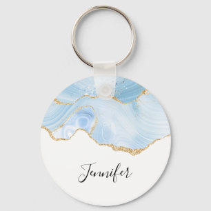 Elegantes Cooles Blue Agate und Gold Glitzer Ribbo Schlüsselanhänger