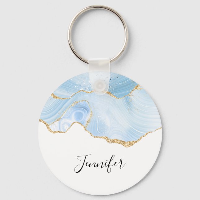 Elegantes Cooles Blue Agate und Gold Glitzer Ribbo Schlüsselanhänger (Vorderseite)