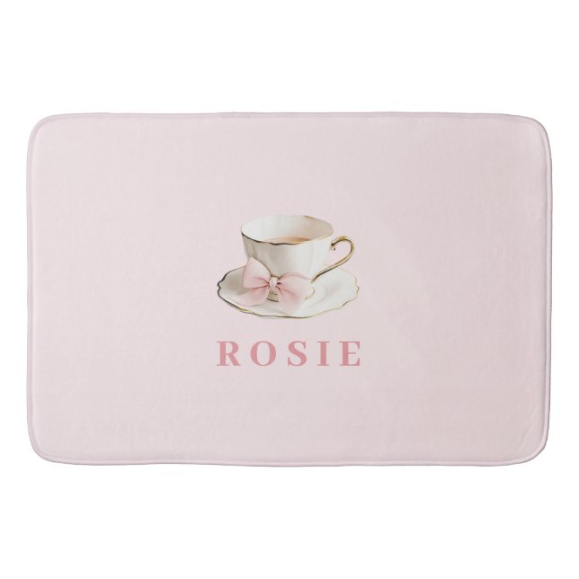 Elegantes Coquette Preppy Pink Teacup mit Bow Badematte (Vorderseite)