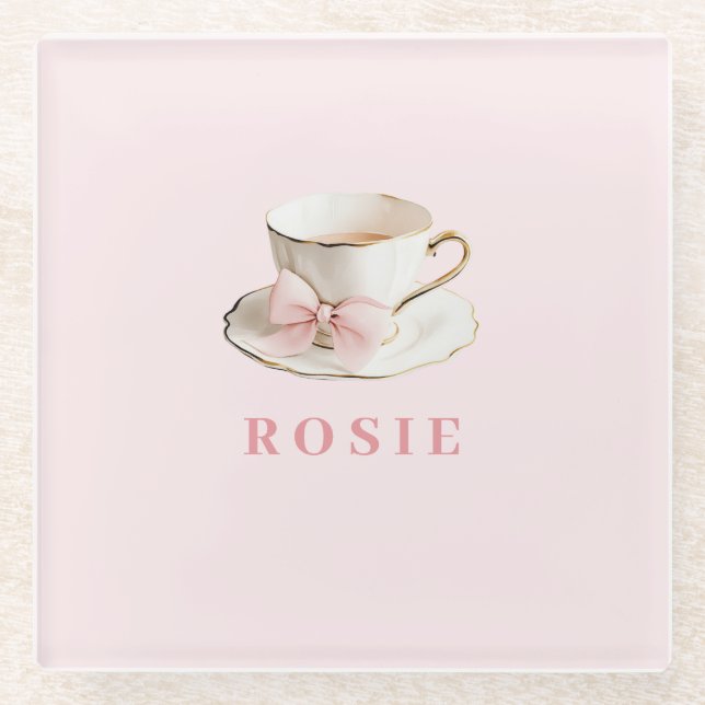 Elegantes Coquette Preppy Pink Teacup mit Bow Glasuntersetzer (Vorderseite)