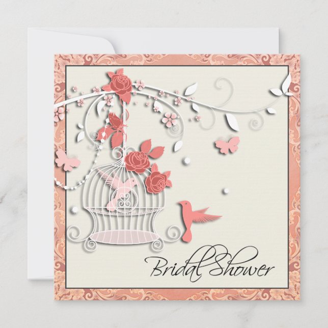 Elegantes Coral Birdcage-Brautparty Einladung (Vorderseite)