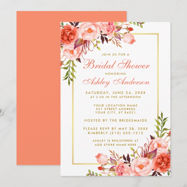 Elegantes Coral Floral Gold Brautparty Einladung (Vorne/Hinten)