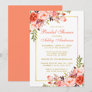 Elegantes Coral Floral Gold Brautparty Einladung