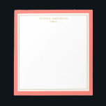 Elegantes Coral Gold Personalisiert Notizblock<br><div class="desc">Dieses Notizblock verfügt über einen eleganten und minimalistischen,  dicken Korallenrand und einen dünnen goldenen Rand. Personalisieren Sie es mit Ihrem Namen oder Firmennamen.</div>