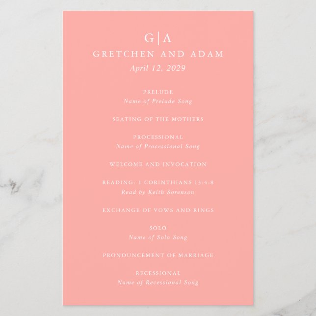Elegantes Coral Pink Modernes Budget Hochzeitsprog Flyer (Vorne)