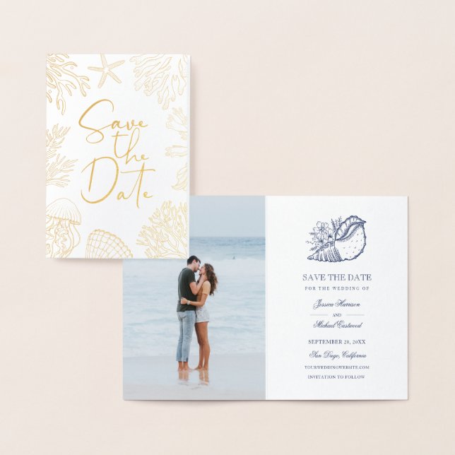 Elegantes Coral Seashell Classy Foto Save the Date Folienkarte (Anzeige)
