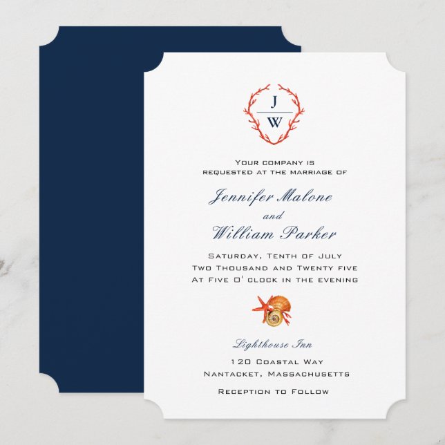 Elegantes Coral Wappen mit anfänglicher Hochzeit a Einladung (Vorne/Hinten)