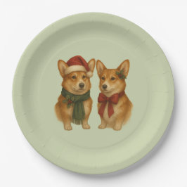 Elegantes Corgi-Paar Weihnachten Salbei Grün Pappteller
