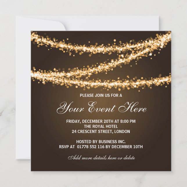 Elegantes Corporate Party Gold String Lights Einladung (Vorderseite)