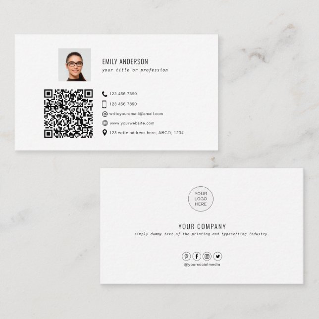 Elegantes Corporate QR Foto Social Media Logo Visitenkarte (Vorne/Hinten)
