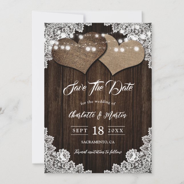 Elegantes Country Burlap Floral Lace Wood Wedding Save The Date (Vorderseite)