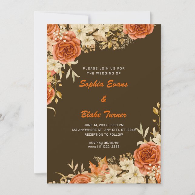 Elegantes Country Orange Rose Braun Hochzeit Einladung (Vorderseite)