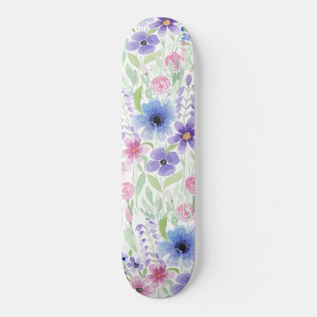 Elegantes Country Pink Lila Blue Watercolor Blume Skateboard (Vorderseite)