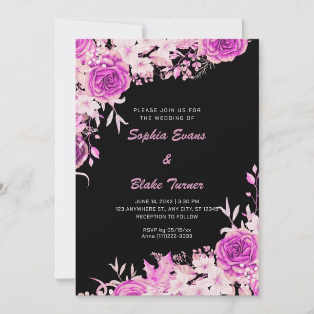 Elegantes Country Pink Roses Black Wedding Einladung (Vorderseite)
