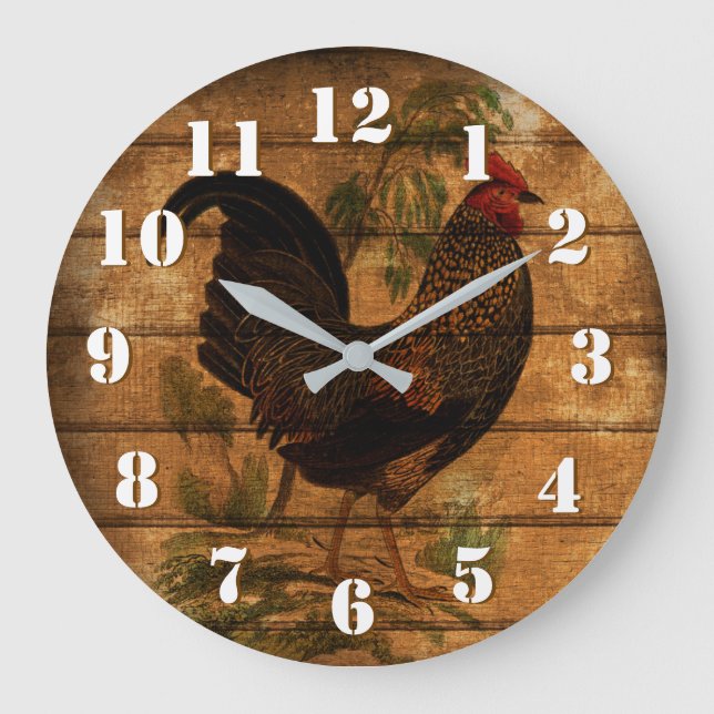 Elegantes Country-Rooster auf rustikalem Holz Große Wanduhr (Vorderseite)
