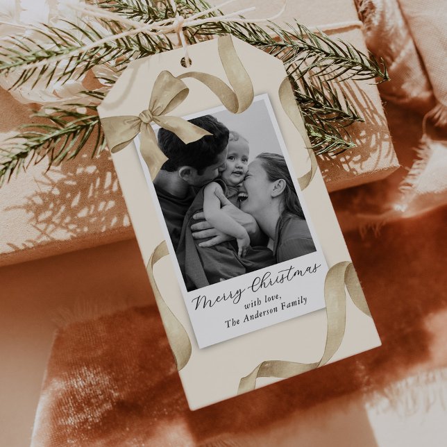 Elegantes Cream Gold Bow Foto Geschenkanhänger (Von Creator hochgeladen)