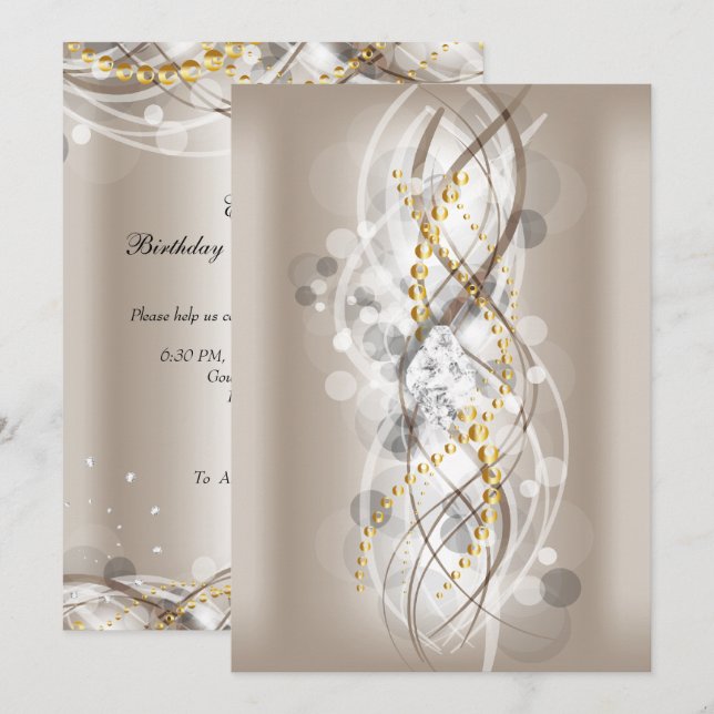 Elegantes Cream Gold Diamond Jewel Party Long Einladung (Vorne/Hinten)